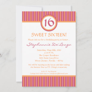 5x7 rose et orange rayé 16 Anniversaire Invitation