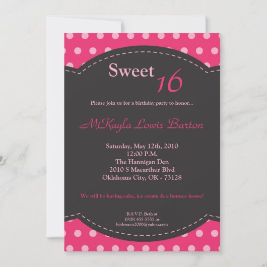 5x7 rose Polkadot doux 16 Anniversaire Invitation (Devant)