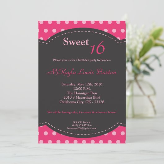 5x7 rose Polkadot doux 16 Anniversaire Invitation (Debout devant)