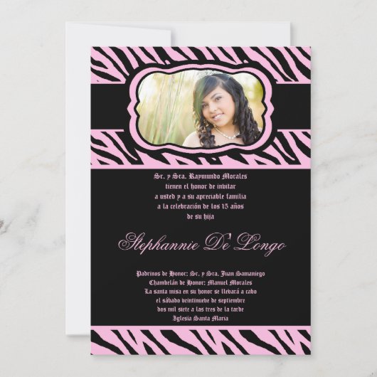 5x7 rose Zèbre Imprimer Quinceanera Invitation (Devant)