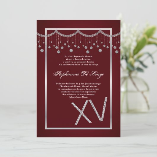 5x7 Rouge Diamant Quinceanera Invitation Anniversa (Debout devant)