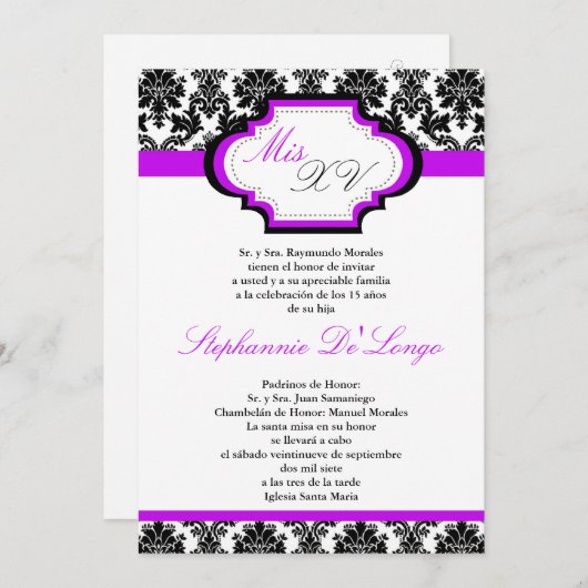 5x7 Royal Paarse Damask Quinceanera Uitnodiging (Voorkant / Achterkant)