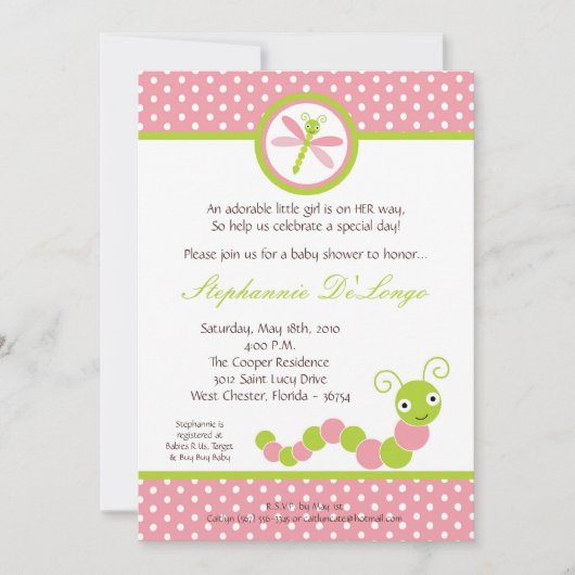 5x7 Roze Caterstone Insecte Baby shower Uitnodigin Kaart (Voorkant)
