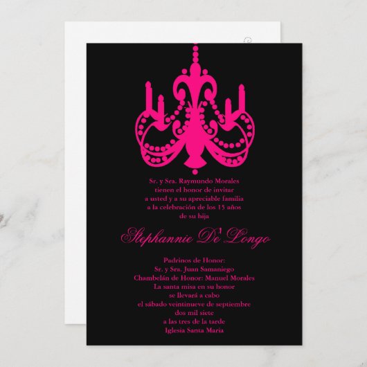 5x7 Roze Kroonluchter Quinceanera Party Uitnodigin Kaart (Voorkant / Achterkant)