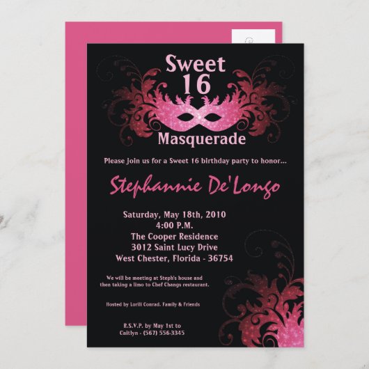 5x7 Roze Masquerade Sweet 16 Verjaardag Uitnodigin Kaart (Voorkant / Achterkant)