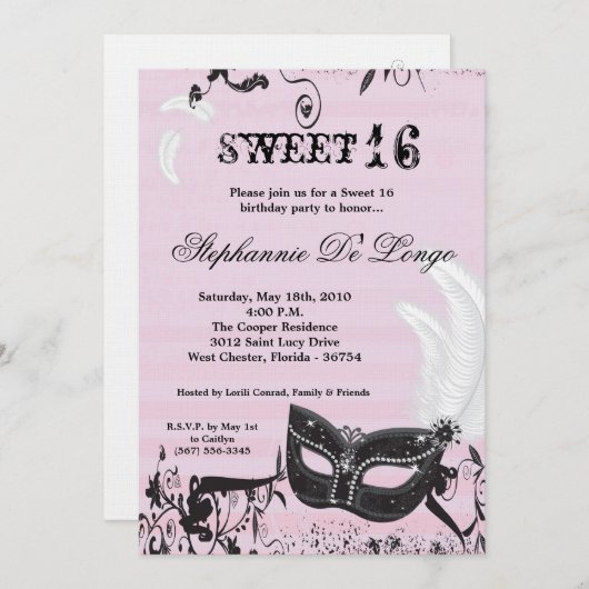 5x7 Roze Masquerade Sweet 16 Verjaardag Uitnodigin Kaart (Voorkant / Achterkant)