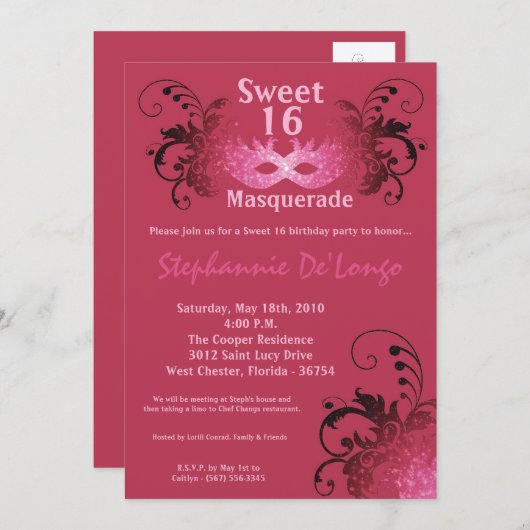 5x7 Roze Masquerade Sweet 16 Verjaardag Uitnodigin Kaart (Voorkant / Achterkant)