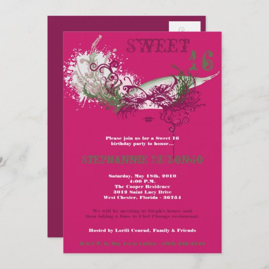 5x7 Roze Masquerade Sweet 16 Verjaardag Uitnodigin Kaart (Voorkant / Achterkant)