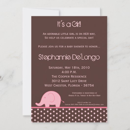 5x7 Roze Meisje Elephant Baby shower Uitnodiging (Voorkant)