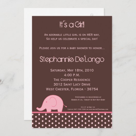 5x7 Roze Meisje Elephant Baby shower Uitnodiging (Voorkant / Achterkant)