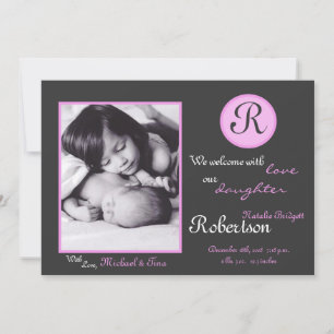 5x7 Roze Monogram Initiaal Foto Aankondiging Geboo