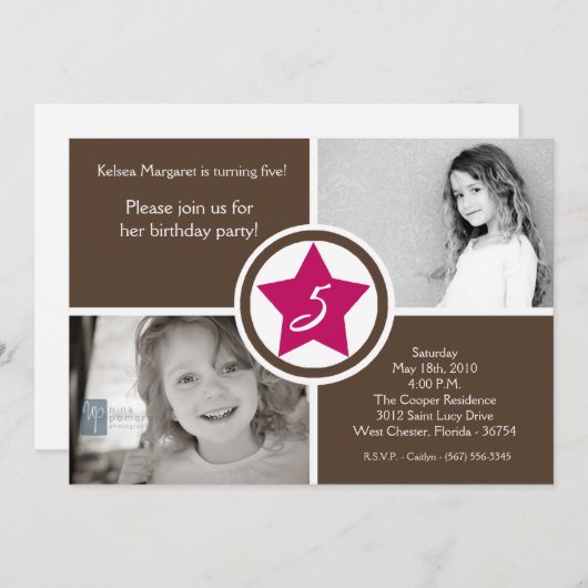 5x7 Roze ster Box Foto Birthday Party Invitation Kaart (Voorkant / Achterkant)