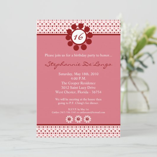 5x7 Roze Sweetheat PolkaDot 16 Verjaardag Uitnodig Kaart (Staand voorkant)