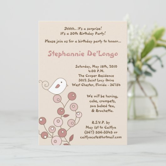 5x7 Roze Vogel Retro Struik Verjaardag Uitnodiging (Staand voorkant)