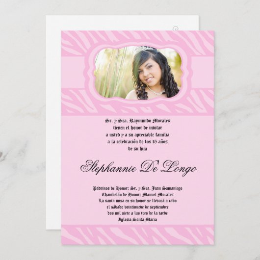 5x7 Roze Zebra Print Patter Quinceanera Uitnodigin Kaart (Voorkant / Achterkant)