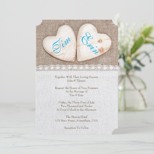 5x7 Rustique Burlap & Faire-part de mariage en den (Debout devant)