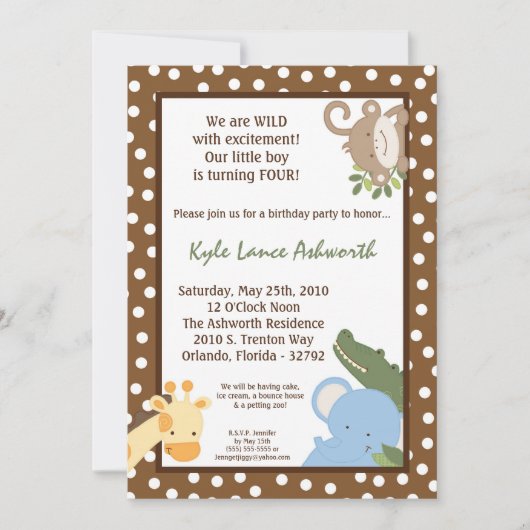 5x7 Safari Jungle ZooAnimaux Invitation d'annivers (Devant)