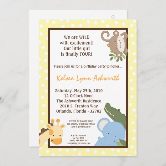 5x7 Safari Oerwoud ZooAnimal Verjaardagsuitnodigin Kaart (Voorkant / Achterkant)