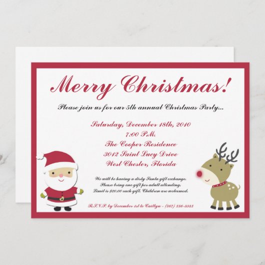 5x7 Santa Rudolf Reinde kerstfeest uitnodiging (Voorkant / Achterkant)