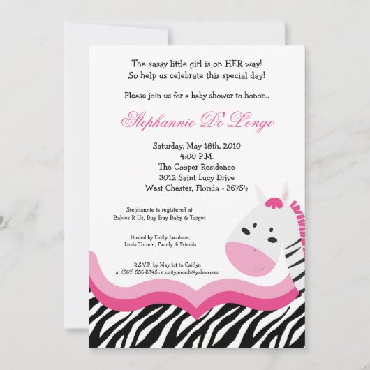 5x7 Sassy Pink Jungle Zebra Invitation Baby shower (Devant)