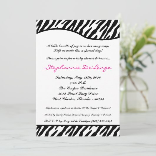 5x7 Sassy Zebra Print Baby shower Uitnodiging (Staand voorkant)