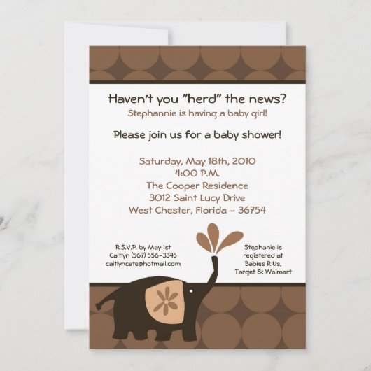 5x7 Schattige bruin olifant Baby shower uitnodigin Kaart (Voorkant)