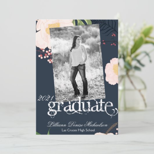 5x7 Senior Faire-part Baby Pink Cosmos sur Navy (Debout devant)