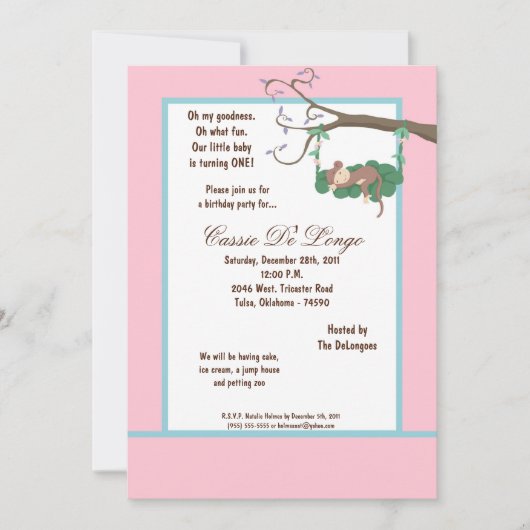5x7 Singe rose Invitation de fête d'anniversaire (Devant)