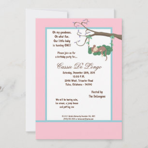 5x7 Singe rose Invitation de fête d'anniversaire