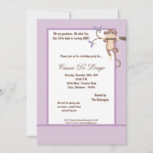 5x7 Singe violet Invitation de fête d'anniversaire (Devant)