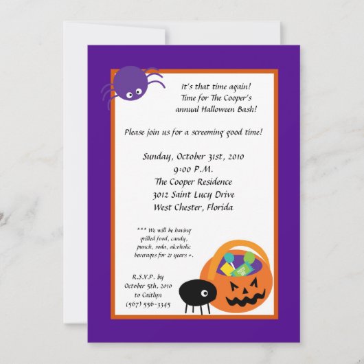 5x7 Spiders Candy Halloween Bash Party Invitation (Devant)