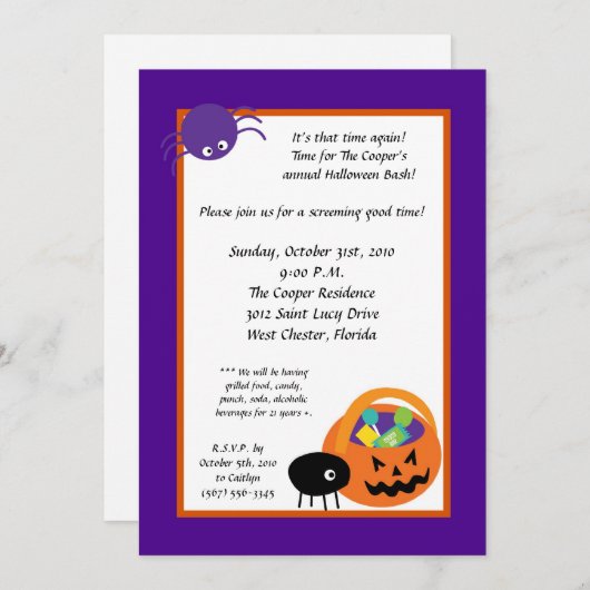 5x7 Spiders Candy Halloween Bash Party Invitation (Devant / Derrière)