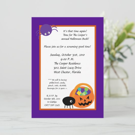 5x7 Spiders Snoep Halloween Bash Party Invitation Kaart (Staand voorkant)