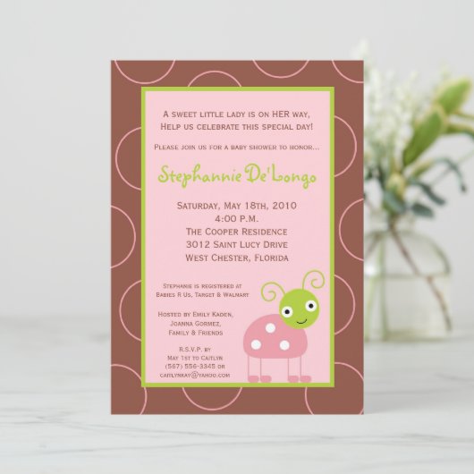 5x7 Spring roze Lady Bug Baby shower uitnodiging (Staand voorkant)