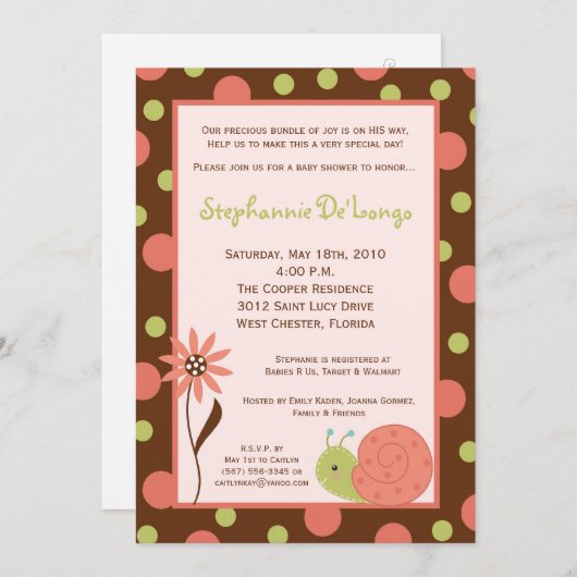 5x7 Spring Snail Bug Flower Baby shower Invitation Kaart (Voorkant / Achterkant)