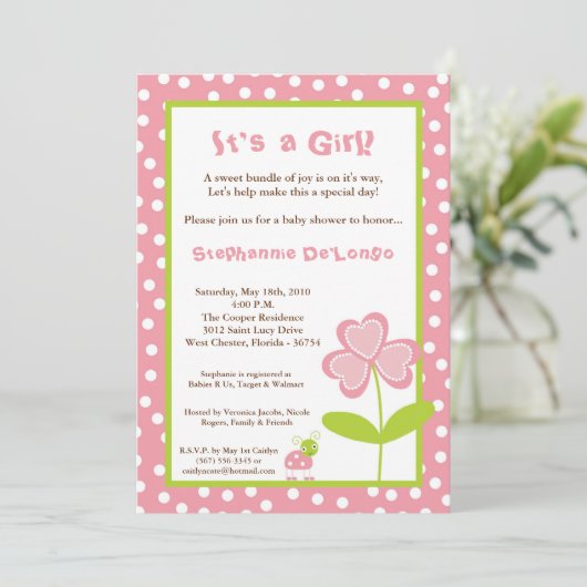 5x7 Spring Time Lady Bug Baby shower Uitnodiging (Staand voorkant)