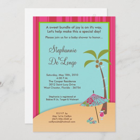 5x7 Sur la plage Invitation Baby shower tropical (Devant / Derrière)