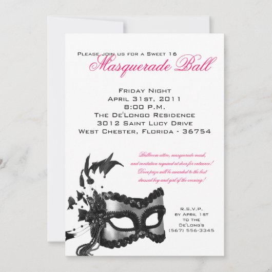 5x7 Sweet 16 Masquerade Ball Invitation Anniversai (Devant)
