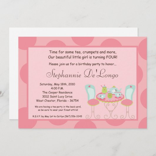 5x7 Tea Party Polka Dot Verjaardagsfeestje Uitnodi Kaart (Voorkant / Achterkant)