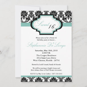 5x7 TiffanyBlu Damask Sweet 16 Birthday Invitation Kaart