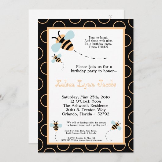 5x7 TRIPLET Bumbl Honey Bee Invitation d'anniversa (Devant / Derrière)