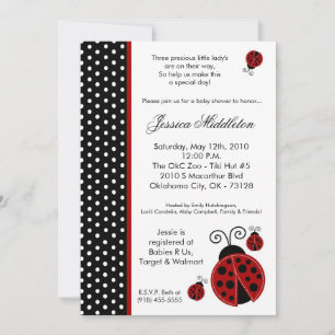 5x7 TRIPLET Lady Bug Polka Baby shower Invitation
