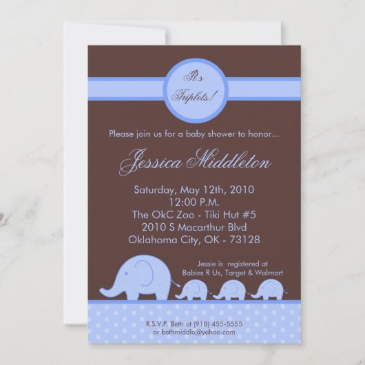 5x7 Triplets de garçon Invitation Baby shower d'él (Devant)