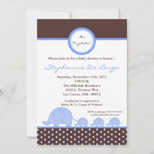 5x7 TRIPLETS Invitation Baby shower d'éléphant de  (Devant)