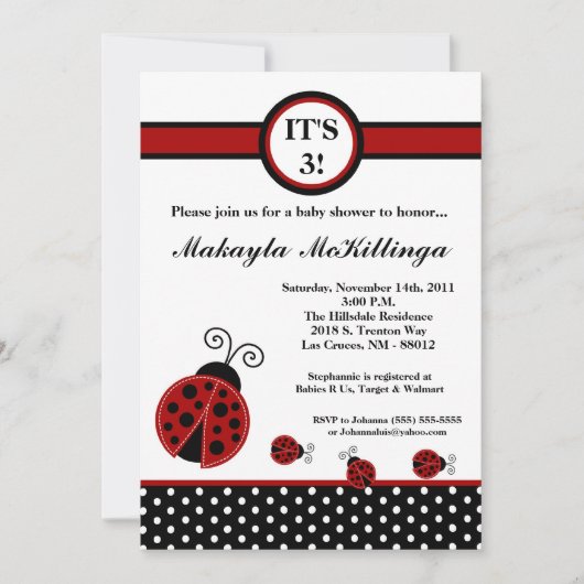 5x7 TRIPLETS Red Lady Bug Baby shower Invitation (Devant)