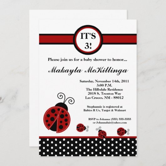 5x7 TRIPLETS Red Lady Bug Baby shower Invitation (Devant / Derrière)