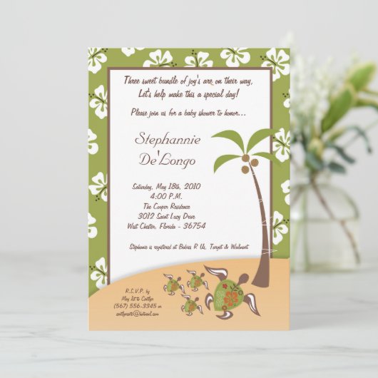 5x7 Tropical Turtle Mama TRIPLET Douche Uitnodigin Kaart (Staand voorkant)