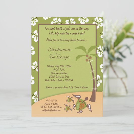 5x7 Tropical Turtle Mama TWINS Douche Invitation (Debout devant)