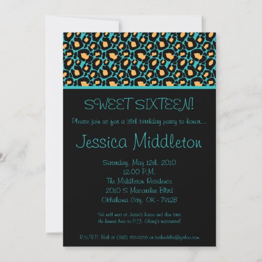5x7 Turquoise Cheetah Imprimer 16e invitation anni (Devant)