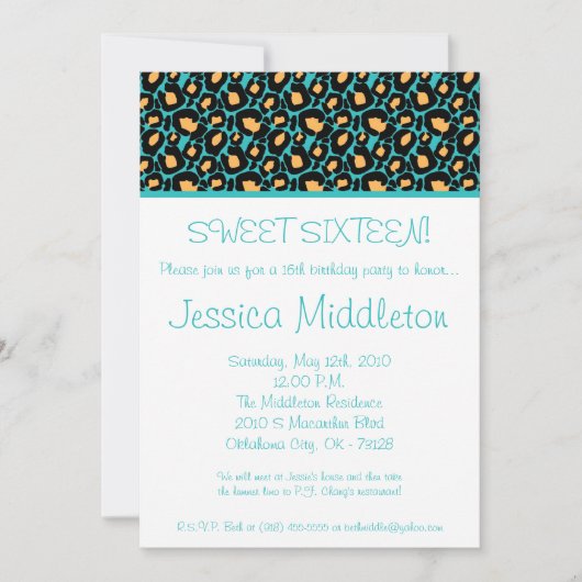5x7 Turquoise Cheetah Imprimer 16e invitation d'an (Devant)